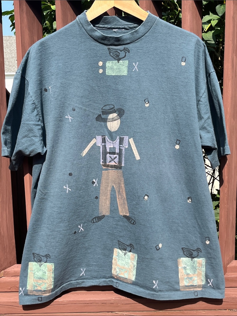 Vintage Blue Fish Clothing Tee Shirt 1990s Hand Printed USA Lagenlook